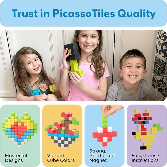Picasso Cubes 1” Magnetic Puzzle Cubes 108 Piece Magnet Construction Building Block Set Sensory Toy Early Education STEM Learning, Free Ideabook with 50 Ideas, Children Age 3+ Boy Girl PMC108