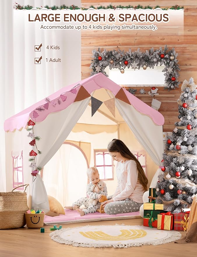 Besrey Kids Playhouse 2 in 1 With Padded Mat and Lights - Large Tent With 2 Doors & 4 Windows for Indoor & Outdoor Use - Christmas Toddler Gift, 51" x 35" x 51"