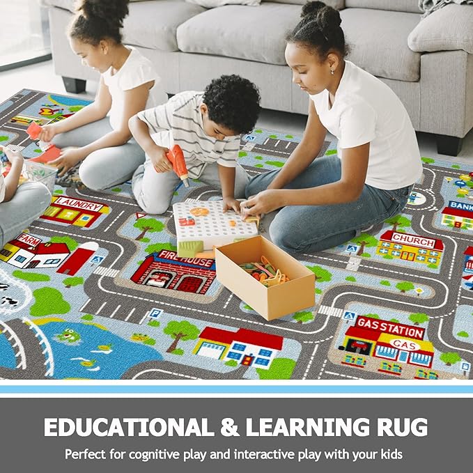 Capslpad Sky Blue Car Road Kid Rug Carpet Playmat for Playoom Traffic Road Kids Play Mat for Toddler Non Slip Washable City Map Race Track Carpet Rug for Kids Room Bedroom Nursery Room Decor,6.6'x5'