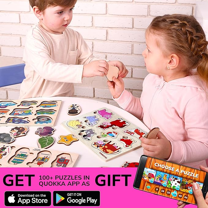 QUOKKA Farm Animals Wooden Puzzles for Toddlers 3-5 - Toddler Puzzles 1-3 Years Old - Gift Domestic Animals Educational Toys for Boys & Girls - Wood Games for Children's Learning 2-4