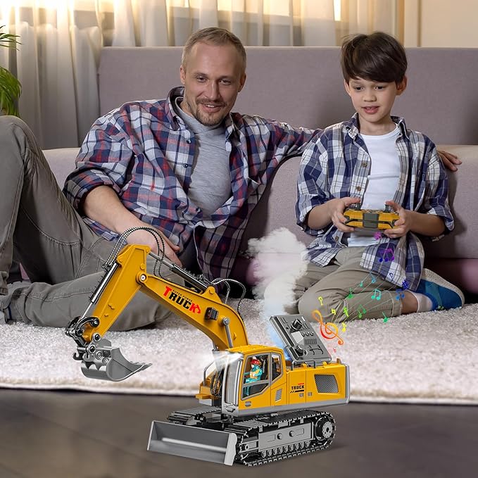 Remote Control Excavator Toys for Ages 6-12 Boys, 13 Channel RC Excavator Construction Toys with Metal Shovel, Spray, Lighting, Sounds, Birthday Gifts for Kids 5-7 8 9 10 11 Year Old