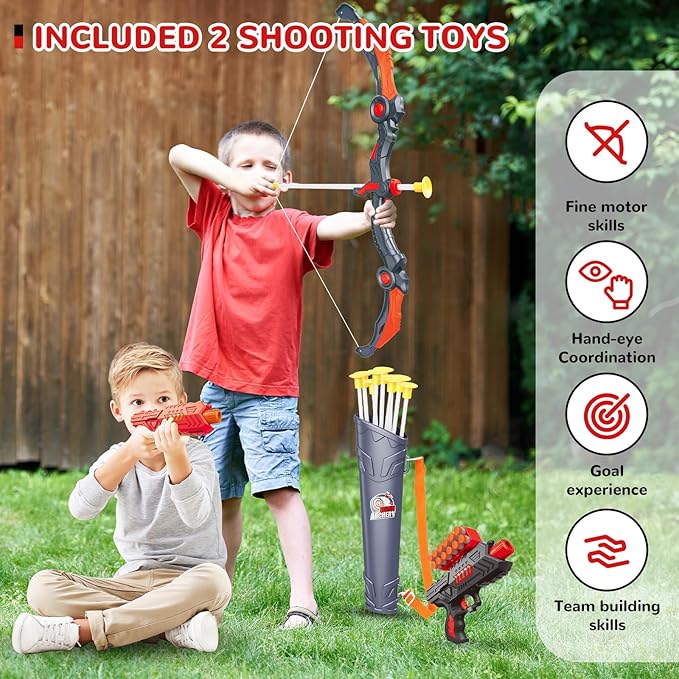 GMAOPHY Bow and Arrow for 5 6 7 8 9 10 11+ Year Old Boys, Birthday Gift for Kids, Indoor Outdoor Activity Toys, 2 Pack LED Light Up Archery Toy with 20 Suction Cup Arrows, Standing Target, 2 Quiver