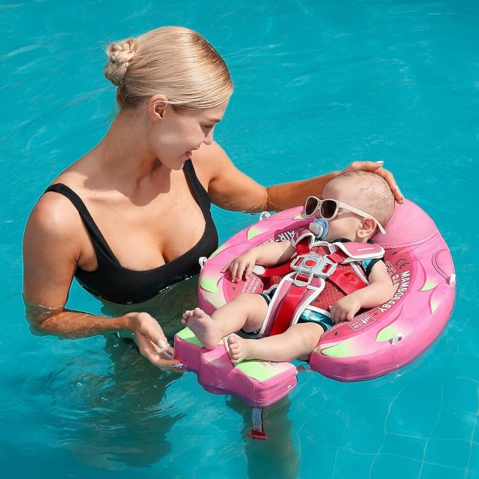 Mambobaby Float Add Tail Baby Swim Float with Canopy Solid Pool Infant Swim Trainer Swimming Training Lying Air Free Water Floats Non-Inflatable Waist Swim Ring for Toddlers (Dragon Fruit)