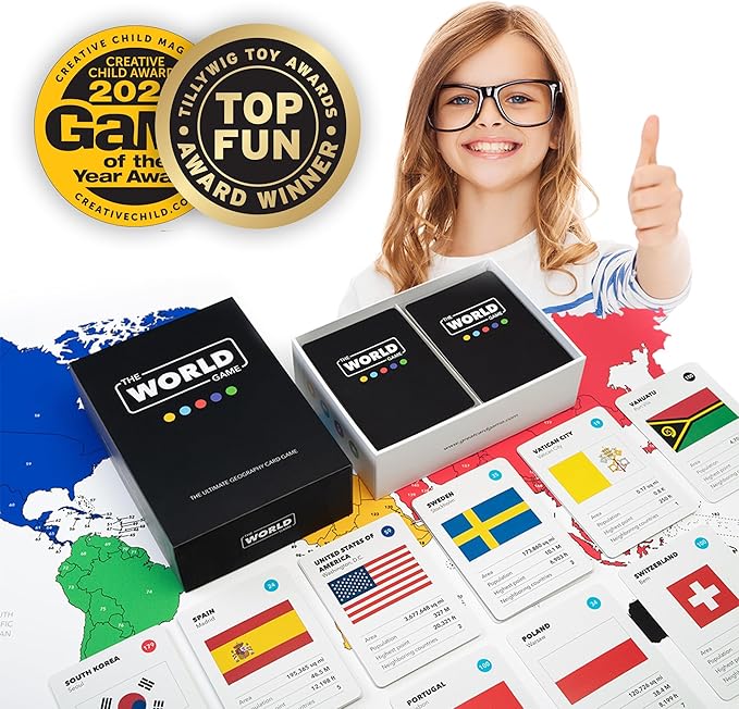 The World Game - Geography Card Game - Educational Games for Kids, Family and Adults - Cool Learning Gift Idea for Teenage Boys & Girls 8-12 with Map
