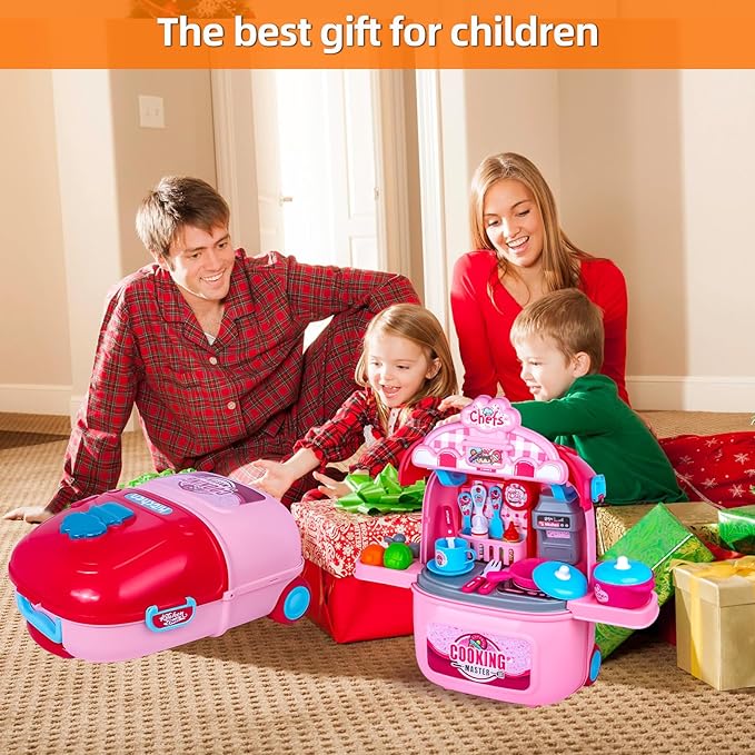 Awsoo Play Kitchen Set for Toddlers 3-5, Portable Play Kitchen with with Rolling Suitcase to Storage Plenty Toys Food, Interactive Pretend Play Toy Kitchen for Kids 3 4 5 6