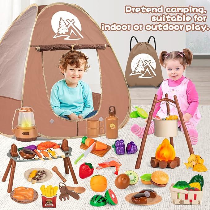 80PCS Kids Camping Toys Set with Play Tent Campfire Toys,Toy BBQ Grill Set,Pretend Cutting Play Food Set for Kid Kitchen, Indoor Outdoor Toys Pretend Playset for Toddler,Gifts for Boys Girls