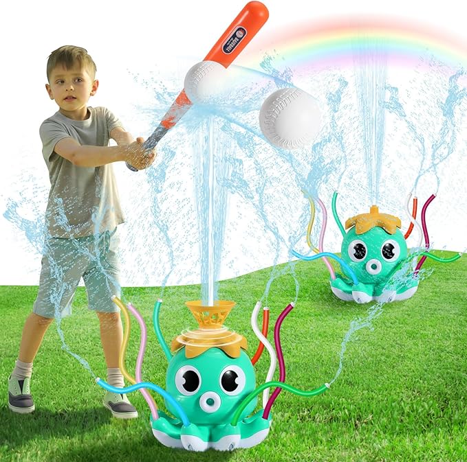 HeySplash Water Sprinkler Baseball Toy, 2 in 1 Water Spray Sprinkler Ball Set with 1 Detachable Sprinkler Head & 8 Wiggle Tubes, Outdoor Summer Toys Outside Toys for Toddlers and Kids, Green Octopus