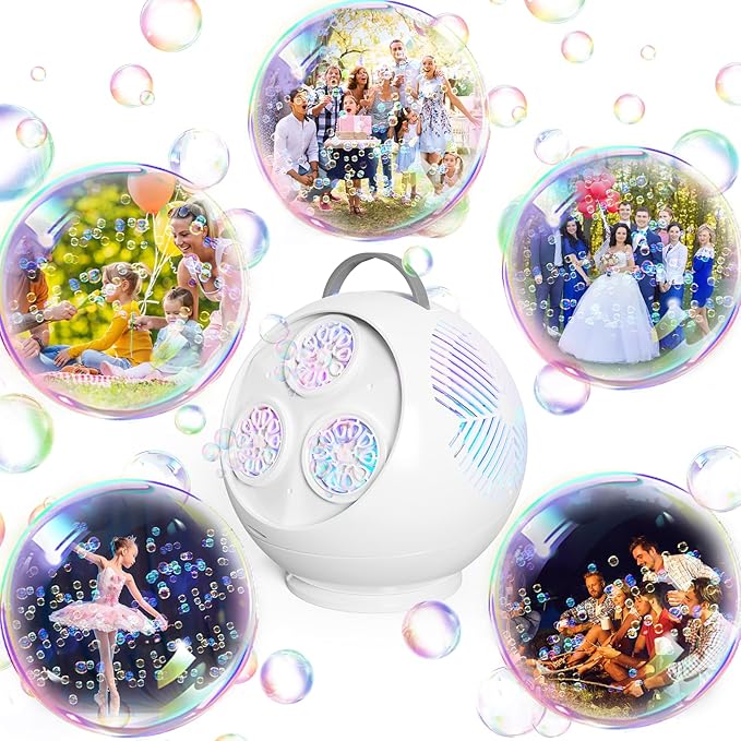 Bubble Machine Automatic Spherical Bubble Blower for Kids Rechargeable Portable LED RGB Lights Bubble Maker Auto Rotating 45°/360° Outdoor for Birthday Party Wedding Crackle White (White)