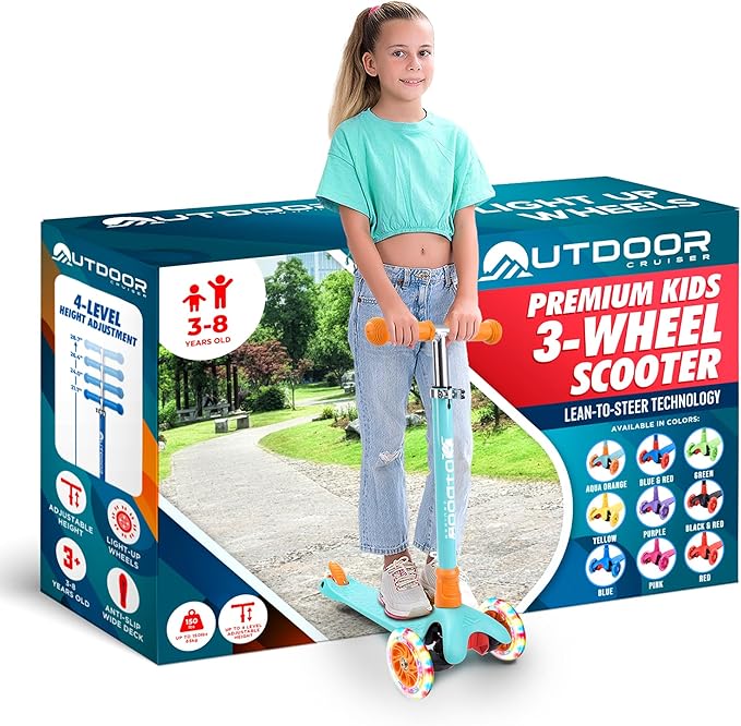 Outdoor Cruiser 3-Wheel Kids Scooter – with Lean-to-Steer Technology, Led Lighted Wheel, 4-Level Adjustable Height T-bar Handle, Support Kids Up to 150 Lbs, for Boys & Girls Ages 3-8, Aqua and Orange
