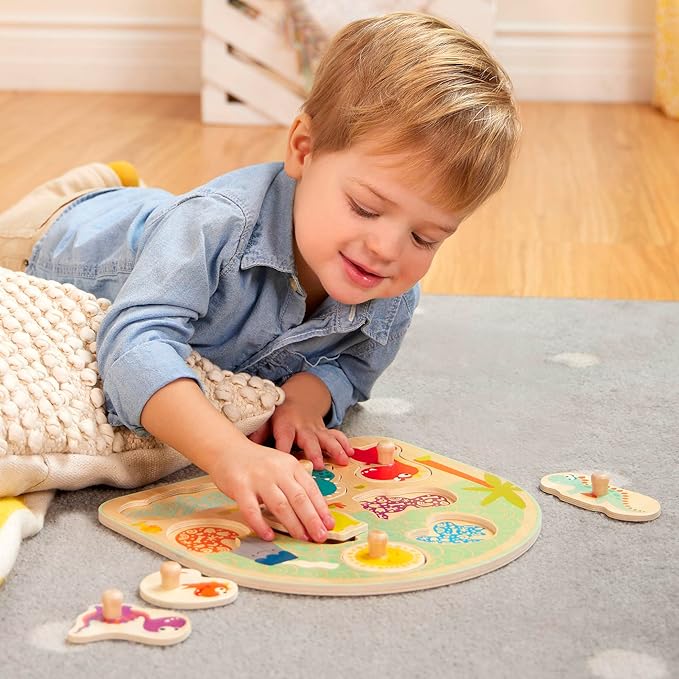 B. toys- Peg Puzzle 2-Pack - Dinos & Farm Animals- Wooden Peg Puzzles- 8 Pieces Each – Classic Toys for Toddlers, Kids – 18 Months +