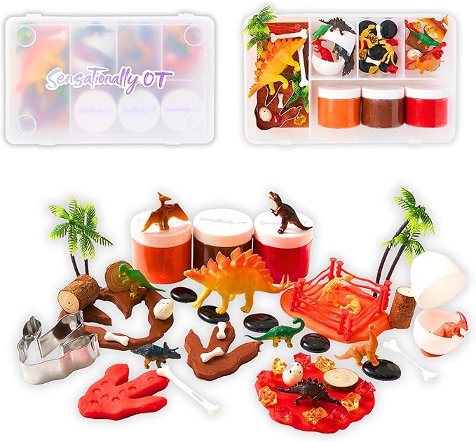 Dinosaur Sensory Dough Kit (3 Jars) Non-Toxic Dough with Dinosaur Cutters, Fossils, Mini Figures, Eggs, Palm Trees, Rocks & Wooden Stumps - Perfect Creative Play & Gifts for Kids