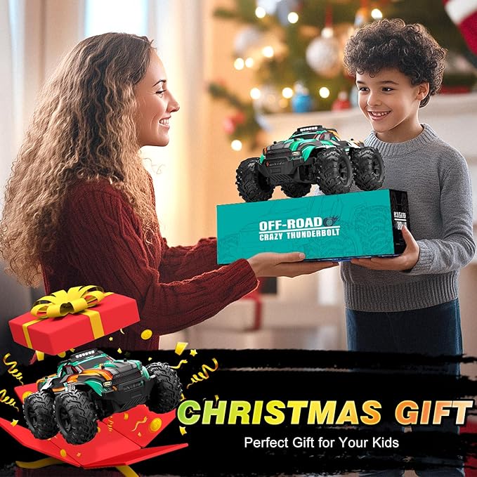 BLUEJAY Remote Control Car, 1:16 All Terrain High Speed RC Cars Truck for Boy, Rechargeable Monster RC Truck with Colorful LED Lights & Spray, RC Cars Toys Gifts for Adults Kids Boys Girls 4-7 8-12