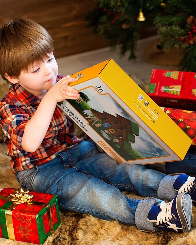 SainSmart Jr. 214 PCS Wooden Logs Cabin Set Ages 3, Building Log Gift for Boy/Girl, Creative Construction Engineering Educational Toy, Vacation Chalet