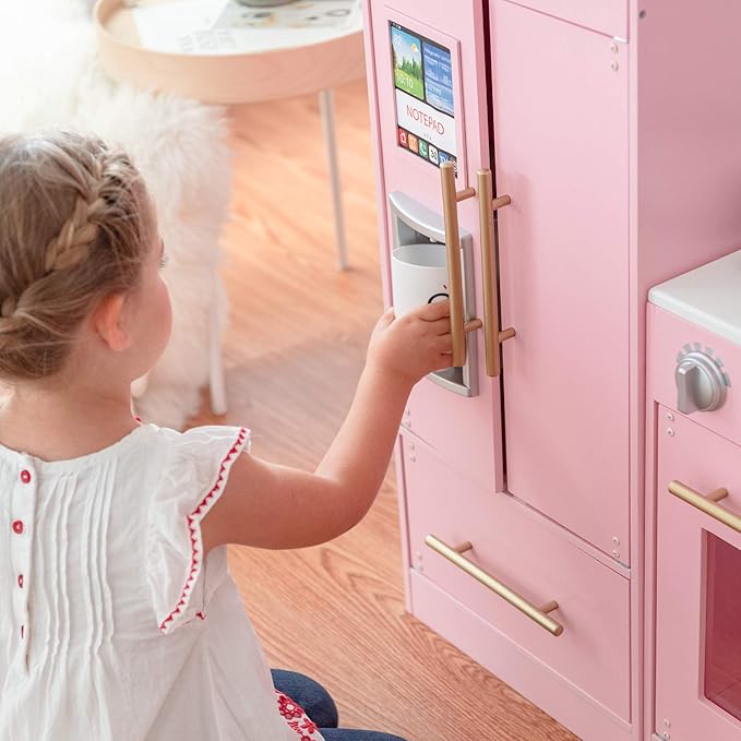 Teamson Kids Little Chef Charlotte 2-Piece Modular Wooden Play Kitchen with Icemaker and Ample Storage, Pink with Gold Hardware