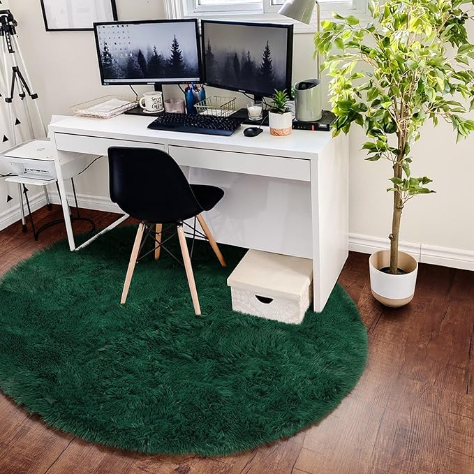 ONASAR Dark Green Round Area Rug 4x4, Soft Bedroom Circle Rugs for Kids Girls Teen Room, Cute Furry Plush Shaggy Carpet for Baby Nursery Living Room Playroom Dorm Christmas Home Decor