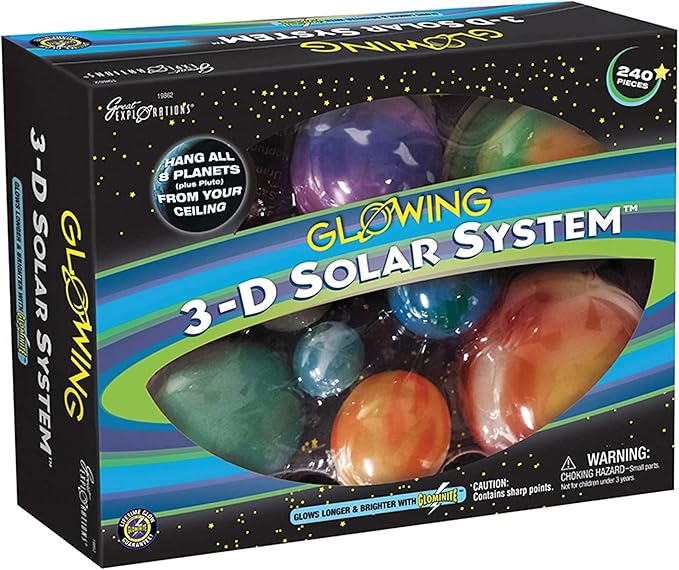 Great Explorations, 3-D Solar System Glow In The Dark Ceiling Hanging Kit 3D Planets and Star Stickers Create the Milky Way Teach Science STEM