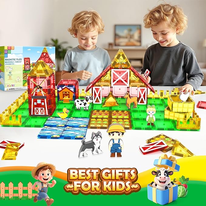 Magnetic Tiles Farm Animals Toddler Toys, STEM Magnet Building Blocks for Kids Ages 3-5 4-8 5-7, Preschool Montessori Sensory Toys, Gifts for 3 Year Old Boys & Girls