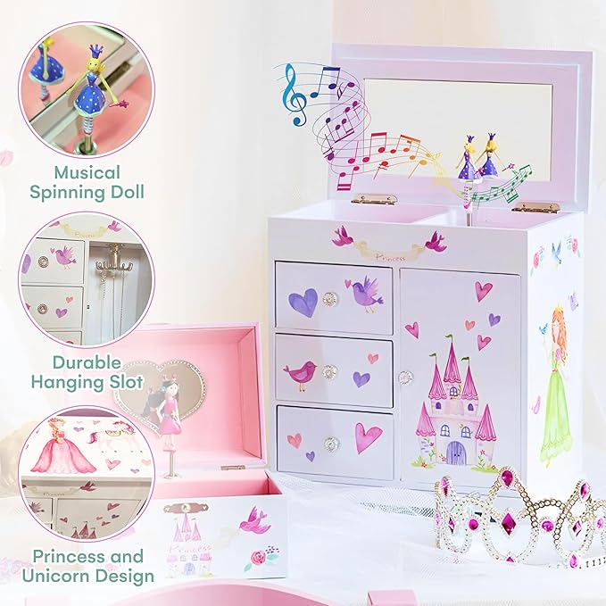 Jewelkeeper Jewelry Box for Girls with 3 Drawers - Musical Princess Jewelry Box with Spinning Doll and Dance of the Sugar Plum Fairy Tune - Appreciated Gifts for Kids - 9.5 x 7.75 x 9.5 Inches