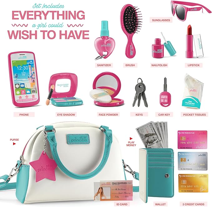 Play Purse for Girls and Toddlers - Little Girls Toys Pretend Play Accessories: Toy Phone, Wallet, Credit Cards, Keys, Pretend Makeup for Role Playing Toys for Girls Ages 3 4 5 6 7 8 Years and Up
