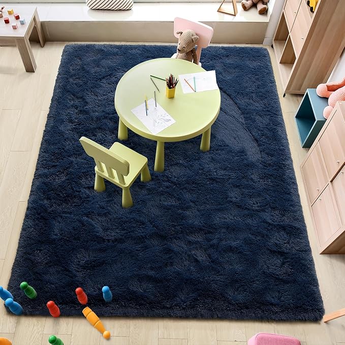 Amearea Shag Fluffy Area Rug for Kids Bedroom Living Room, Extra Soft and Fuzzy Shaggy Rugs, Non Slip, Solid Color Carpet Mat for Girls Nursery Home, Navy Blue 5x7.5 Feet