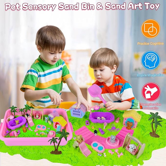 Pet Sensory Bin, Cat and Dog Sensory Bin for Toddlers Kids, Sensory Play Sand Art Kit Set with Sandbox & Tools & Pet Care Set, Indoor Outdoor Pretend Play Beach Toy Gift for Girls Boys 3 4 5 6 7 8