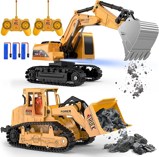 AISYAH Construction Bulldozer and RC Excavator Toy Set - RC Construction Vehicles Toy with Rechargeable Batteries, Lights and Sounds, Present for Toddlers 6-12 Year Kids