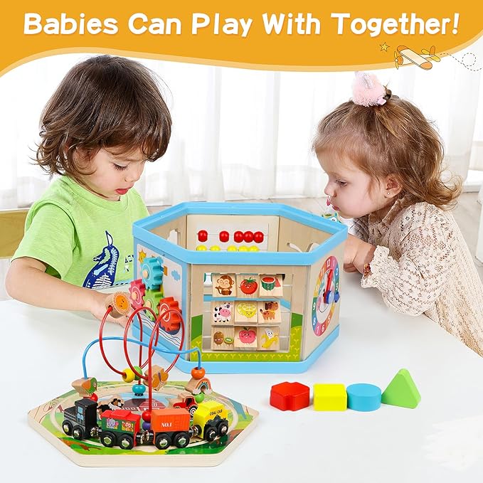 Wooden Activity Cube 9-in-1 Montessori Toys for 1+ Year Old Boys Girls Educational Learning Toys for Toddlers Age 1-2 One Year Old First Birthday Gift Bead Maze Magnetic Trains Track Shape Sorter