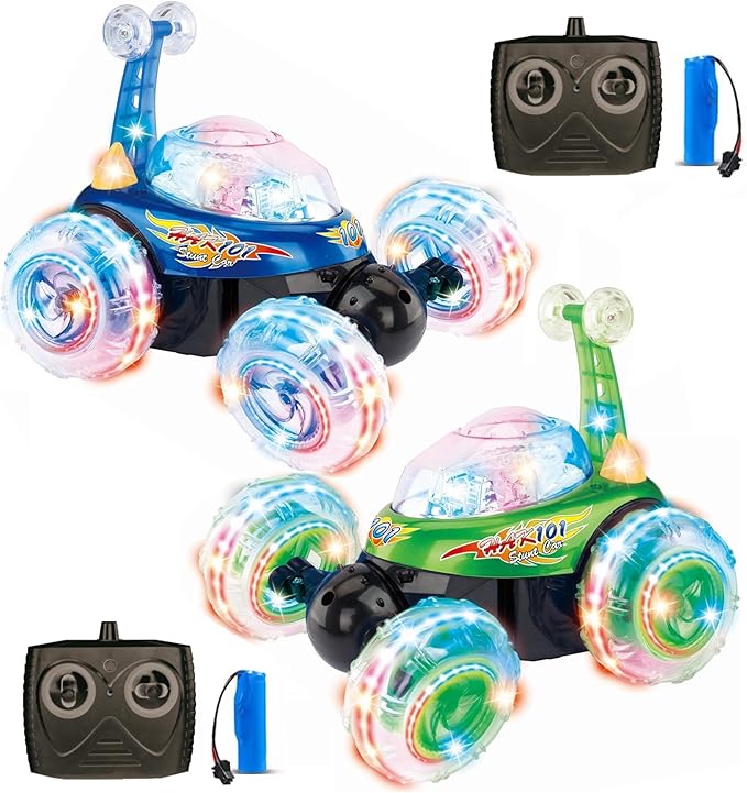 Haktoys 2-Pack Rechargeable RC Tornado Stunt Cars – Remote Control Flip Trucks with 360° Spins & Turbo Twister Action | Double-Sided Stunt Vehicles for Kids Toddlers Boys & Girls (Green & Blue)