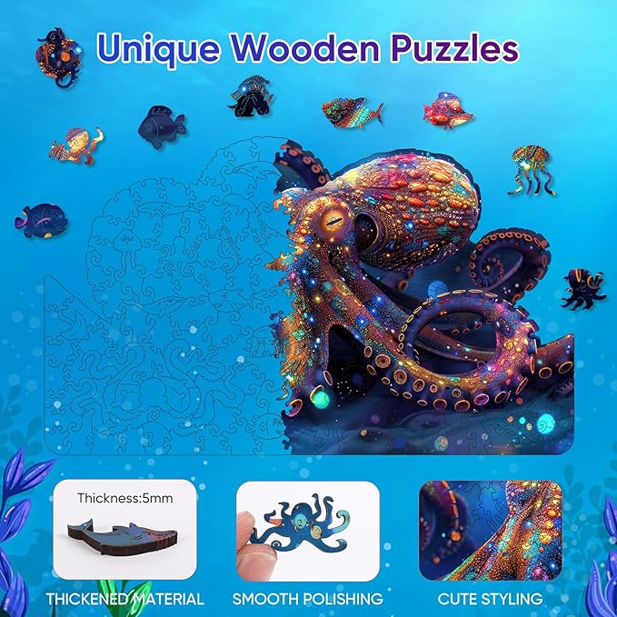 Wooden Jigsaw Puzzle for Adults and Kids Unique Shape Wood Colorful Beautiful Box Fun Challenge Brain Health Family Game Creative Gift for Friends Rompecabezas Madera(Octopus 200pcs)