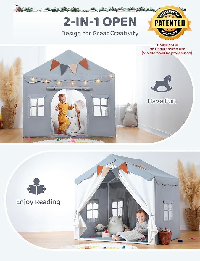 Besrey 2-in-1 Kids Playhouse with Padded Mat and Lights, Large Play Tent with 2 Doors & 4 Windows, Indoor & Outdoor, Toddler Tent, 51" x 35" x 51" (Gray)