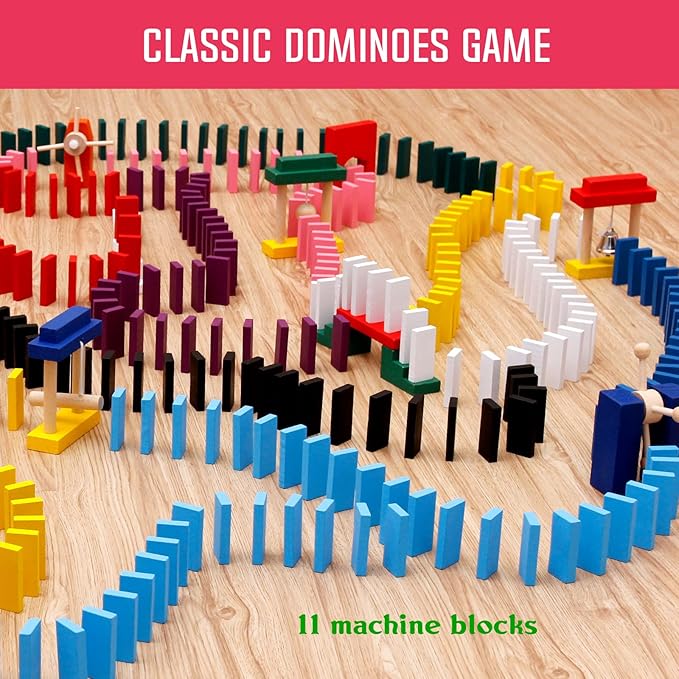 1000 PCS Dominoes Set for Kids with Extra 20 Blocks, Colorful Dominos Tiles for Building, Stacking, Racing, Tumbling, Wood Domino with Storage Bag and Box
