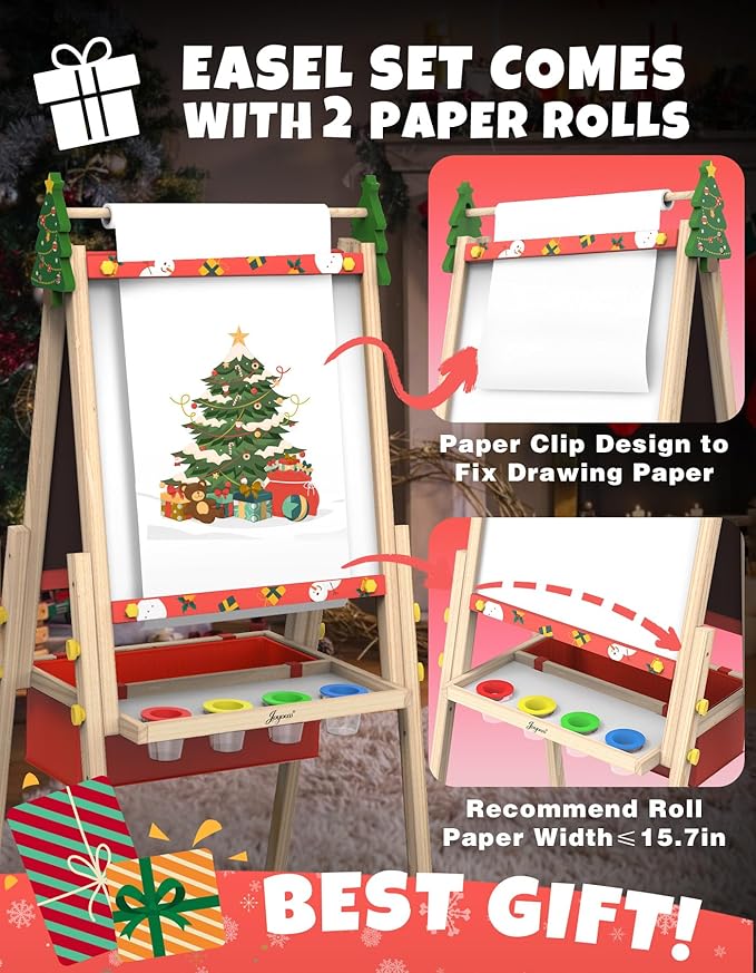 Joyooss Art Easel for Toddlers, Adjustable Standing Wooden Easel with Dry Erase Board, for Kids Age 2-4 to 9-12