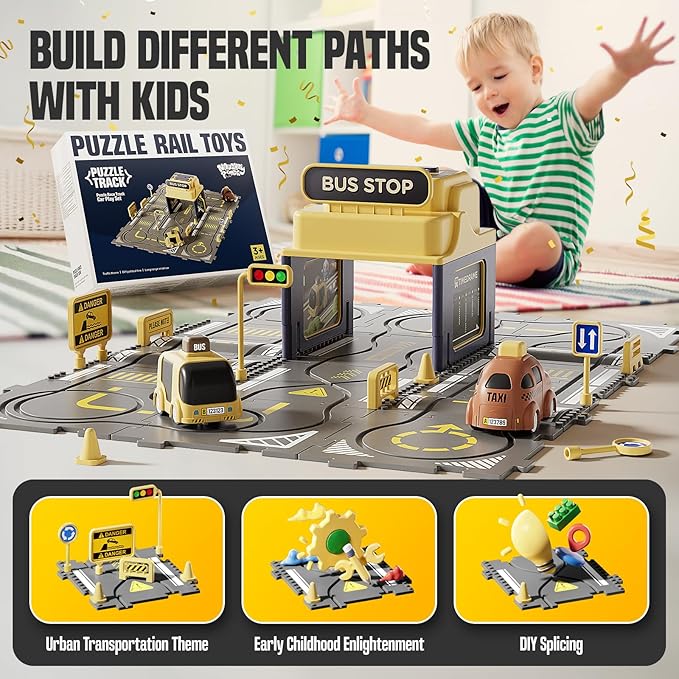 Large Puzzle Race Car Track Set for Toddlers Kids, Puzzle Tracks Car Play Set, Race Tracks Toys for Toddler Boys 3 4 5 6 Year Old Car Track Toys Birthday Gifts for Boys Age 3-5 4-6