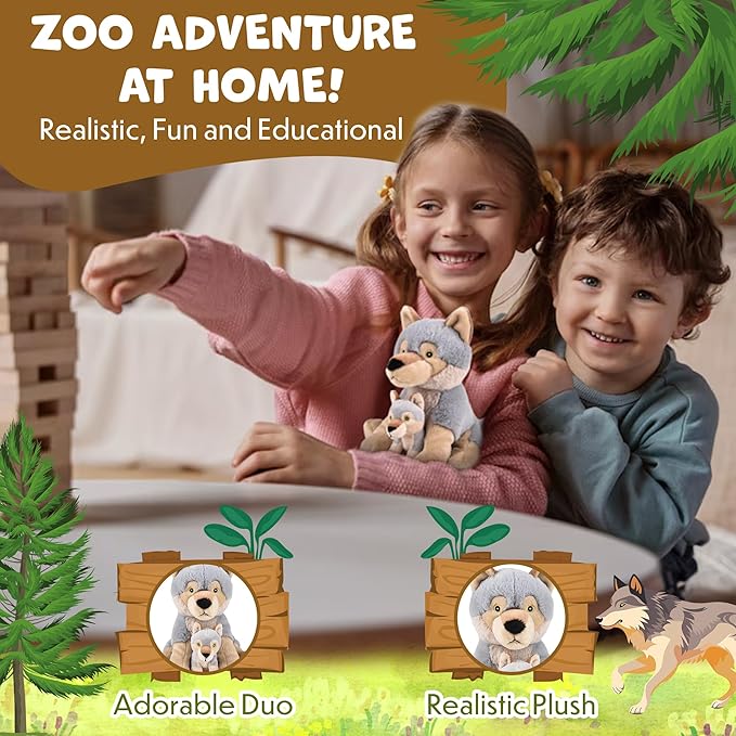 Mom and Baby Stuffed Animals for Boys & Girls, Safari Baby Shower Decorations, Nursery Decor, Zoo Animals for Toddlers, Quality Realistic Toys for Kids, Cute, Soft, Huggable, Squeezable (9.5" Wolf)