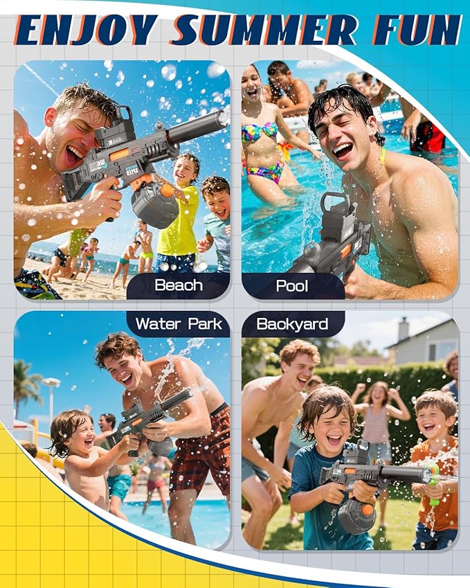 Electric Water Gun for Kids & Adults - Automatic Squirt Gun with up to 32FT Range, Built-in LED Lights & 350mL Leakproof Tank, Rechargeable Summer Pool Beach Outdoor Water Toys for Ages 3+