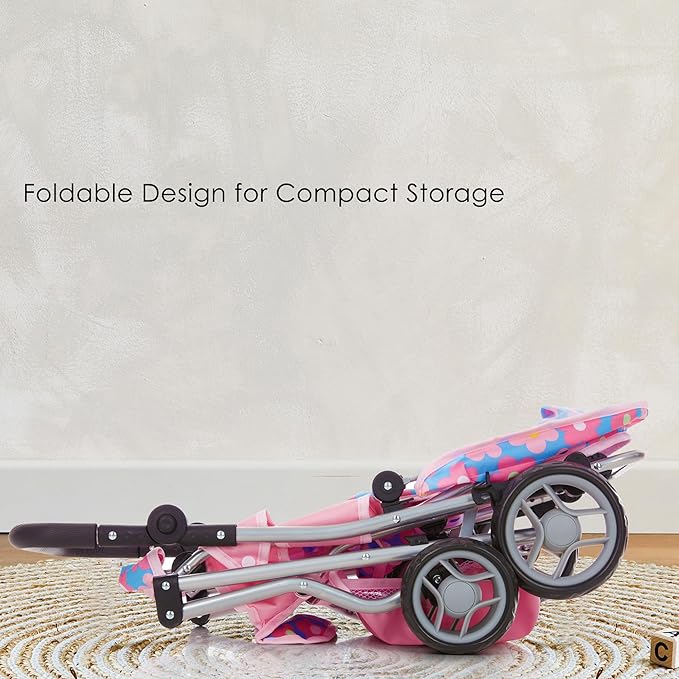 Baby Doll Double Stroller, Twin Buggy Carriage Pretend Play for Girls Kids Toddlers 27 Inches High Rotating Wheels Storage Basket Diaper Bag Blue