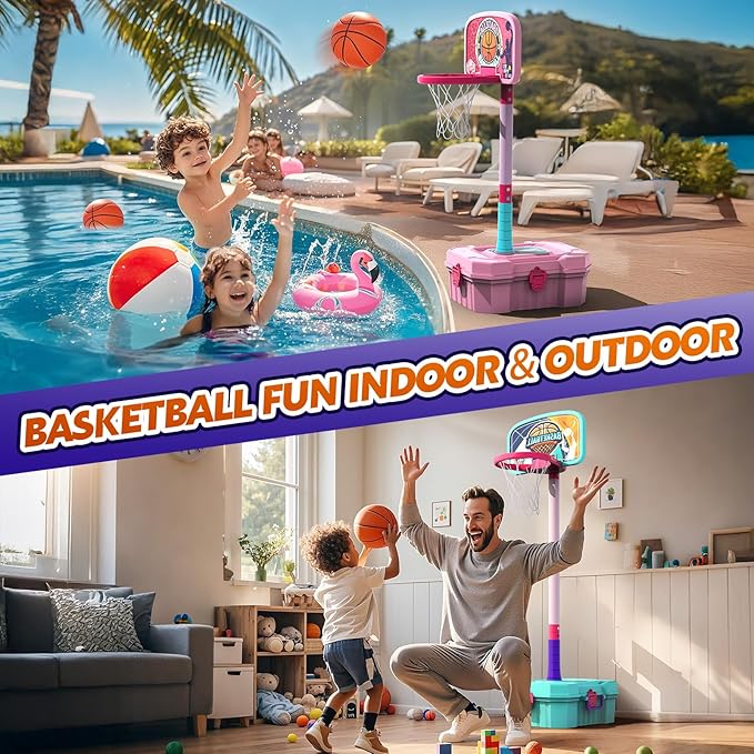 Kids Basketball Hoop and T-Ball Set for Kids 3-5, 3 Adjustable Toddler Basketball Hoop Indoor Outdoor Kids Toys Birthday Gift for Boys Girls