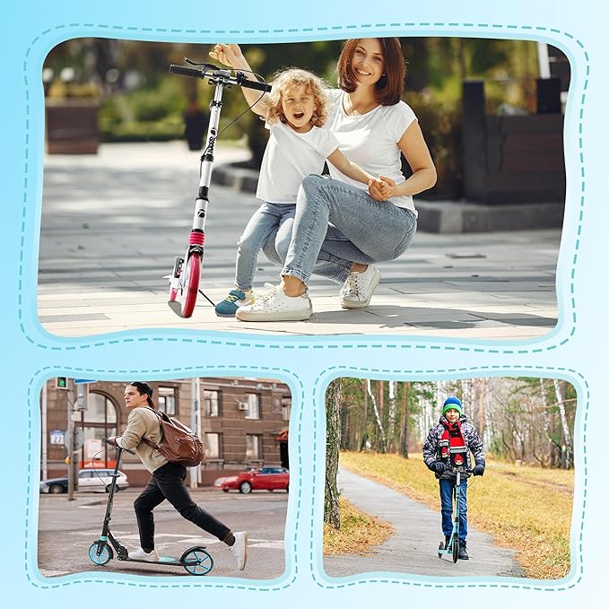 Scooter for Kids Ages 8+ Teens & Adults, Lightweight Kick Scooter with Carry Strap Adjustable Height Equipped with Front handbrake and Rear Brake, Big Sturdy PU Flash Wheels Great Gift & Toy