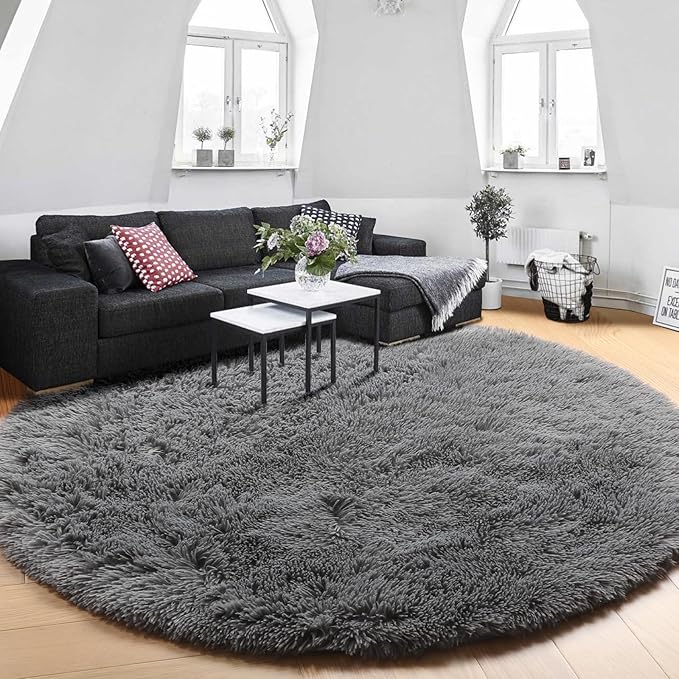 Amdrebio Grey Round Area Rugs 7Ft for Living Room, Large Shag Fluffy Circle Rug for Bedroom, Big Soft Thick Plush Carpet for Kids Room, Modern Furry Fuzzy Circular Gray Rug for Classroom Apartment