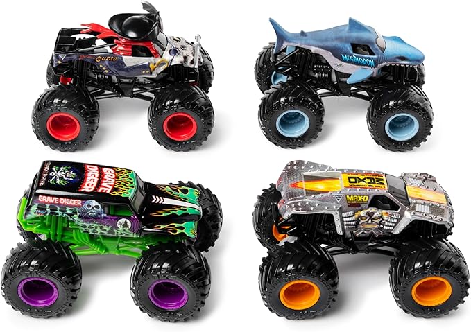 Monster Jam, Land vs. Sea 4 Pack Monster Trucks (Grave Digger, Max-D, Megalodon, and Pirate’s), 1:64 Scale, Kids Toys for Boys and Girls Ages 3 and up