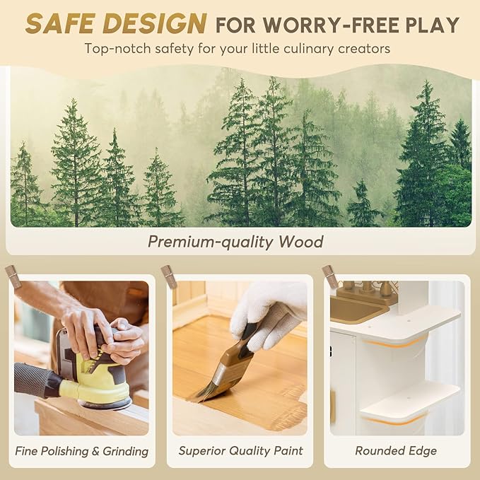 BIERUM Coner Wooden Play Kitchen with Real Lights & Sounds, Trendy Home Style Kitchen Playset, Toy Kitchen with 28 Pcs Toy Food & Cookware Accessories, Gift for Boys & Girls Ages 3+