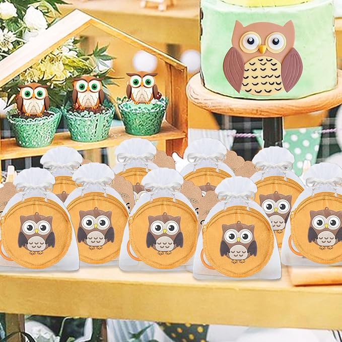 36 Pack Owl Change Purses Set Include 12 Wallets with Keyring,12 Thank You Tags and 12 Organza Bags for Woodland Forest Animals Party,Thanksgiving,Baby Shower,Birthday Party, Khaki