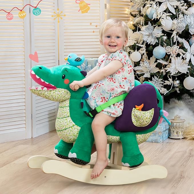 labebe Child Rocking Horse Toy, Stuffed Animal Rocker, Green Crocodile Plush Rocker Toy for Kid 6 Month -3 Years, Wooden Rocking Horse Chair/Rocker/Animal Ride on