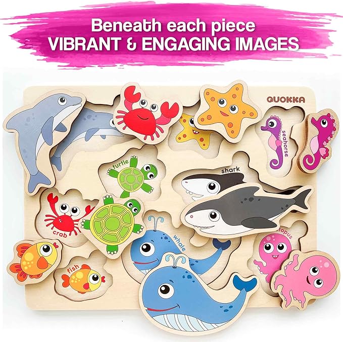 QUOKKA Wooden Puzzles for Toddlers 1-2 – 4 Set Pegged Puzzles for Kids Ages 1-2 – Animal Sea Learning Toy for Kids – Gift Realistic Educational Game for Boy and Girl
