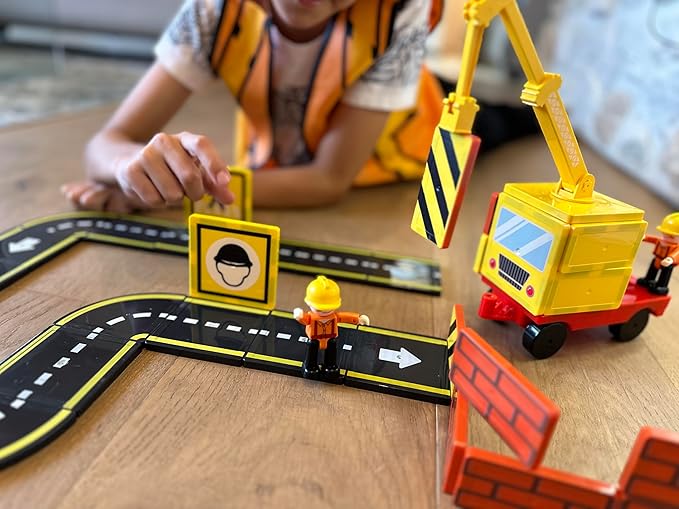 Car Road Track Magnetic Tiles & City Construction Builder Set with Crane and Figures – STEM Building Blocks Toy for Toddler Preschool Montessori Kids - Great Birthday Gift for Boys Ages 3-5 4-8 5-7