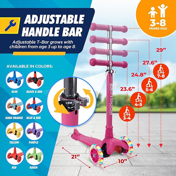 Outdoor Cruiser 3-Wheel Kids Scooter – with Lean-to-Steer Technology, Wide Deck, Led Lighted Wheel, 4-Level Adjustable Height T-bar Handle, Support Kids Up to 150 Lbs, for Boys & Girls Ages 3-8, Pink