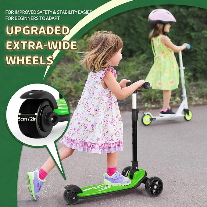 Besrey Kick Scooter for Kids Ages 3-10, 3-Wheel Folding Scooter with Adjustable Height, LED Light Wheels, Extra Wide Deck for Outdoor Activities