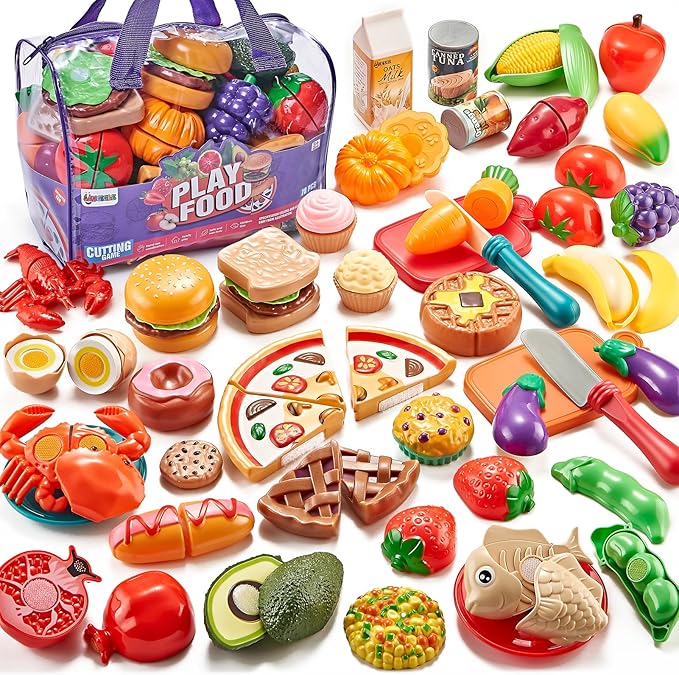 Pretend Play Food for Kids Kitchen - 78Pc Cutting Toy Food with Storage Bag, Food Toys with Veggies, Fruits, Fake Food with Pizza Toy, Pretend Food, Play Kitchen Accessories, Boys Girls Gift