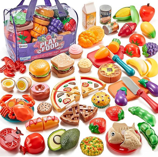 Pretend Play Food for Kids Kitchen - 78Pc Cutting Toy Food with Storage Bag, Food Toys with Veggies, Fruits, Fake Food with Pizza Toy, Pretend Food, Play Kitchen Accessories, Boys Girls Gift