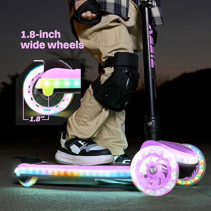 ZIFFY Kids Scooter for Boys & Girls LED Light-Up Wheels, 4 Adjustable Height Handlebars, and Lean-to-Steer Design with Anti-Slip Wide Deck for Stability - Up to 110LBS